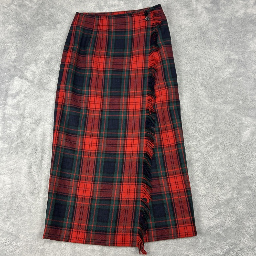 Vintage 90s Y2K Red Plaid Tartan Maxi Wrap Skirt Sz S Tag 6 Slit Preppy Fringe